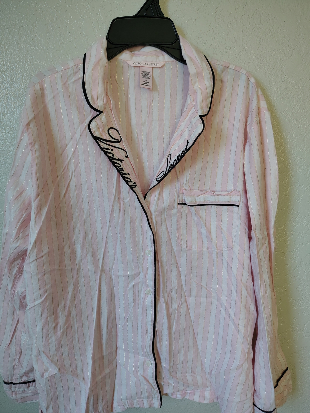 Victoria's Secret Pink & White Striped Button-Front Pajama Top with Black Piping